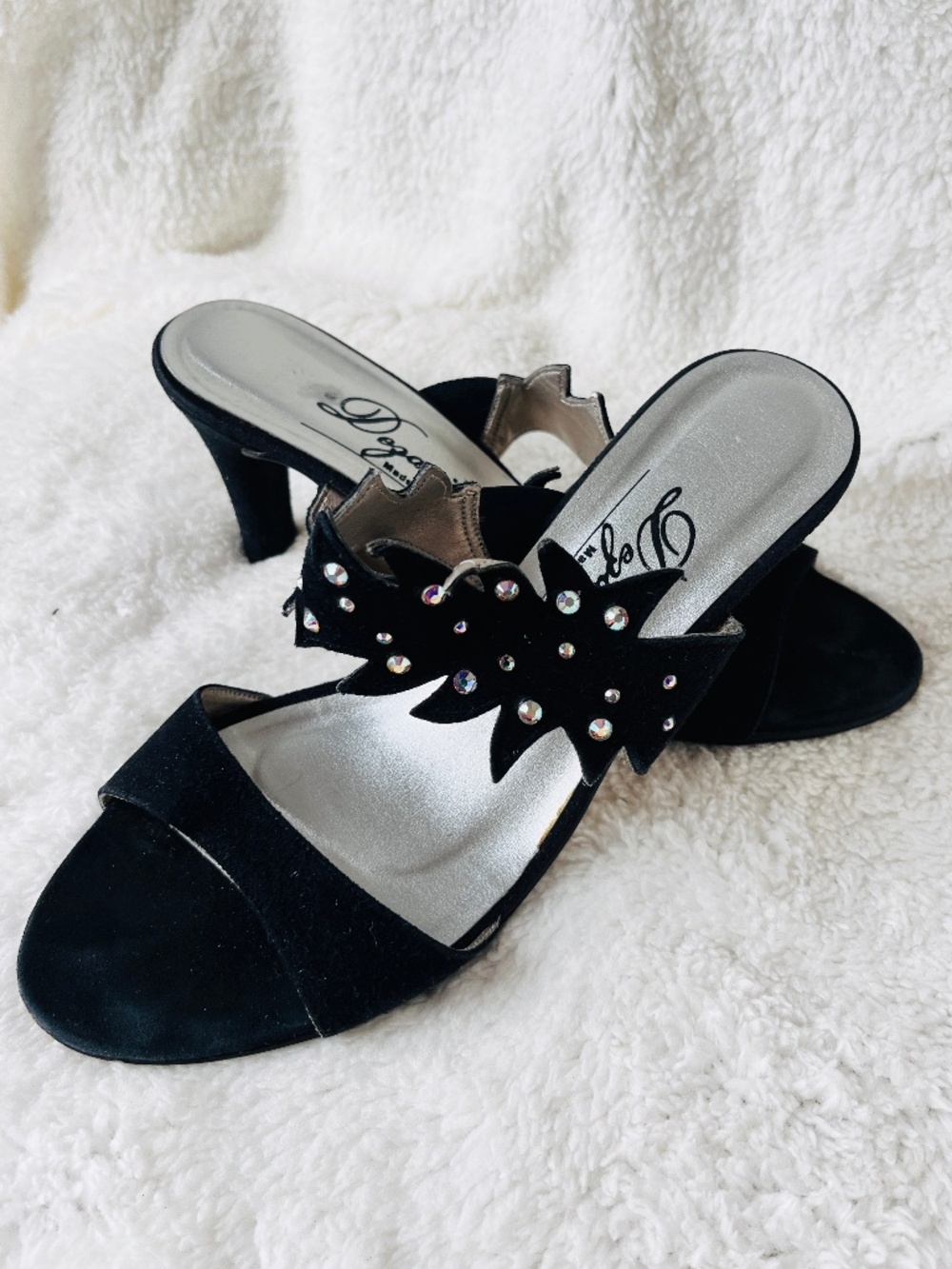 Vintage Dezario Black Suede Rhinestone Heeled Slide Sandals Mules Women's Size 6
